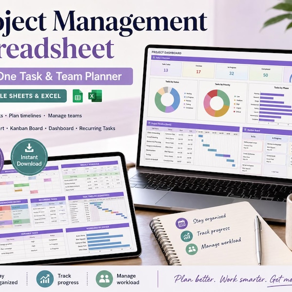 Project Management Spreadsheet Google Sheets Excel | Project Tracker Planner Gantt Chart Kanban Board | Eisenhower Matrix Task Manager