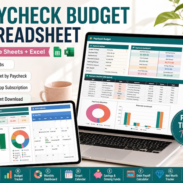 Paycheck Budget Google Sheets Excel | Bill Tracker Savings Planner Weekly Biweekly Finance Template