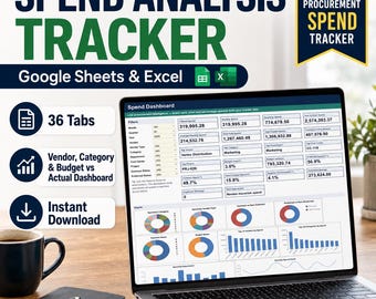 Spend Analysis Spreadsheet, Google Sheets & Excel, Procurement Spend Tracker, Vendor, Category and Budget vs Actual Dashboard, 36 Tabs