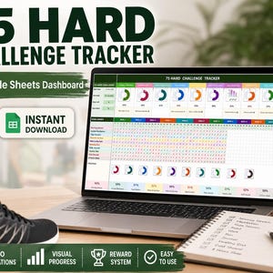 Könnte beinhalten: Ein digitaler 75 Hard Challenge Tracker auf einem Laptop-Bildschirm, der ein Google Sheets-Dashboard mit farbigen Fortschrittsdiagrammen, täglichen Aufgabenlisten und automatisierten Berechnungen zur Zielverfolgung zeigt.