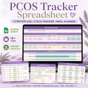 May include: A digital PCOS Tracker Spreadsheet displayed on a laptop screen, featuring a dashboard with cycle and habit tracking, progress bars, and separate views for a daily check-in, symptom tracker, and a weekly meal planner in purple tones.