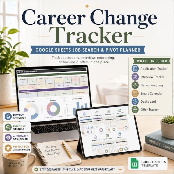Career Change Tracker Google Sheets | Job Search Application Spreadsheet Interview Networking Log Mid Career Pivot Planner