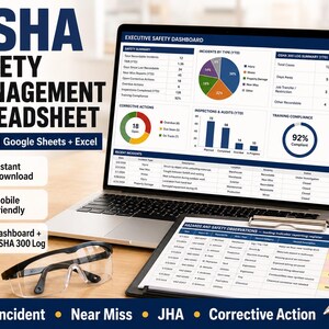 May include: A laptop displaying an OSHA Safety Management Spreadsheet dashboard with charts and tables, alongside a clipboard with a hazards and safety observations log, safety glasses, and a mug labeled Safety Is Our Priority.