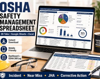 Safety Management Spreadsheet, Google Sheets & Excel, OSHA 300 Log, Incident, Near Miss, JHA and Corrective Action Tracker, 36 Tabs