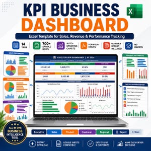 Puede incluir: Una pantalla de portátil muestra una plantilla de Excel del panel de control de KPI Business. Incluye datos de seguimiento de ventas, ingresos y rendimiento, con gráficos. Ofrece gráficos de actualización automática, cálculos basados en fórmulas e informes mensuales.