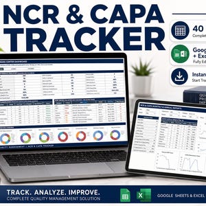 May include: A digital NCR & CAPA Tracker dashboard displayed on a laptop and tablet screen. The interface features tables, charts, and performance indicators for quality management. Text includes "NCR & CAPA TRACKER," "40 Tabs," "Google Sheets + Excel," and "TRACK. ANALYZE. IMPROVE."