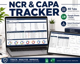 May include: A digital NCR & CAPA Tracker dashboard displayed on a laptop and tablet screen. The interface features tables, charts, and performance indicators for quality management. Text includes "NCR & CAPA TRACKER," "40 Tabs," "Google Sheets + Excel," and "TRACK. ANALYZE. IMPROVE."
