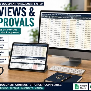 May include: A computer monitor and tablet displaying document management spreadsheets with columns for review and approval workflows. The screen shows text including Reviews & Approvals, Audit Ready Always, and Smarter Document Control. A mug, notebook, and pen are on the desk.