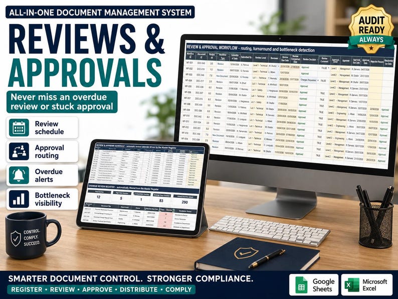 May include: A computer monitor and tablet displaying document management spreadsheets with columns for review and approval workflows. The screen shows text including Reviews & Approvals, Audit Ready Always, and Smarter Document Control. A mug, notebook, and pen are on the desk.