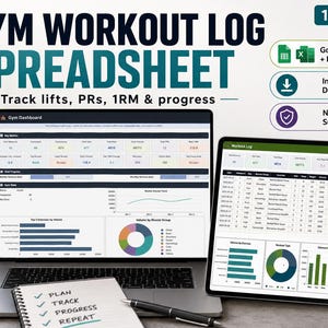 Op de afbeelding: Een digitaal spreadsheet voor het bijhouden van sportschooltrainingen, weergegeven op een laptop en tablet. Het dashboard toont grafieken en gegevenstabellen voor het bijhouden van lifts en voortgang. Tekst bevat GYM WORKOUT LOG SPREADSHEET, Google Sheets + Excel, Instant Download en No Subscription.