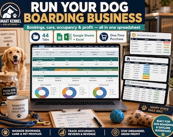 Dog Boarding Business Spreadsheet, Google Sheets & Excel, Kennel Booking, Reservation, Client and Pet Tracker, Care and Profit Dashboard