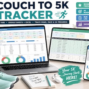 Könnte beinhalten: Ein digitaler Couch to 5K Tracker auf einem Laptop, Tablet und Smartphone. Die Bildschirme zeigen Lauf-Dashboards, Trainingsprotokolle und Fortschrittsdiagramme. Ein Notizbuch, Laufschuhe und eine Trinkflasche sind ebenfalls zu sehen.