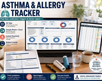 Asthma & Allergy Tracker Spreadsheet, Google Sheets and Excel, Peak Flow, Medication, Trigger and Symptom Log, Doctor Report, 24 Tabs