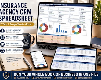 Insurance Agency CRM Spreadsheet, Google Sheets & Excel, Policy, Renewal, Claims and Commission Tracker, Agent Sales Dashboard, 27 Tabs