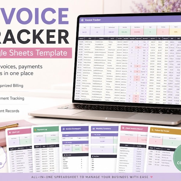 Invoice Manager Google Sheets | Client Payment Tracker Bookkeeping Small Business Template