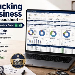 May include: A laptop displaying a Trucking Business Spreadsheet command center dashboard with financial charts, tables, and data. The screen shows Google Sheets and Excel compatibility, 40 tabs, and metrics for owner operators, IFTA, cost per mile, and load profit.