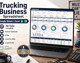 Trucking Business Spreadsheet, Google Sheets & Excel, Owner Operator Expense, IFTA, Cost Per Mile and Load Profit Tracker, 40 Tabs