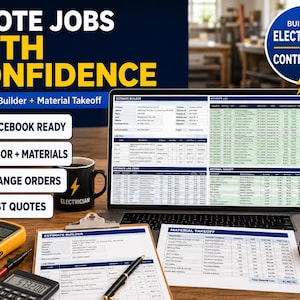 Może przedstawiać: Laptop z oprogramowaniem do kosztorysowania z tekstem QUOTE JOBS WITH CONFIDENCE oraz BUILT FOR ELECTRICIANS & CONTRACTORS. Na biurku znajduje się czarny kubek, multimetr, kalkulator, długopis oraz wydrukowane dokumenty z wycenami.