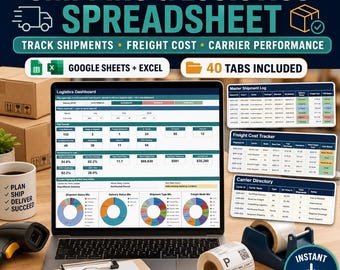 Shipping & Logistics Spreadsheet, Google Sheets and Excel, Shipment Tracker, Freight Cost, Carrier Performance and Delivery Dashboard