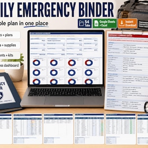 May include: A digital family emergency binder kit featuring a laptop displaying a readiness dashboard, a clipboard with an emergency command center form, a physical binder, and six printed data sheets. Includes icons for contacts, go-bags, and documents.
