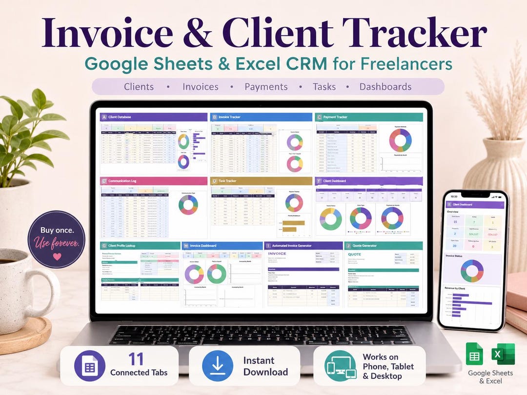 Invoice & Client Tracker Spreadsheet for Small Business CRM Google ...