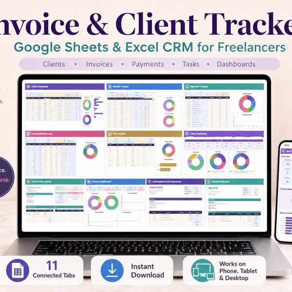 Invoice & Client Tracker Spreadsheet for Small Business CRM Google Sheets Invoice Tracker Generator Excel Lead Management Payment Tracker