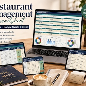 May include: A restaurant management spreadsheet displayed on a laptop and two tablets, featuring 40 tabs for Google Sheets and Excel. The screens show data tables, pie charts, and line graphs for food costs, inventory, labor, and sales tracking.