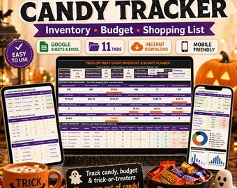 Halloween Candy Tracker Spreadsheet, Google Sheets & Excel, Trick or Treat Inventory, Budget and Shopping List Planner