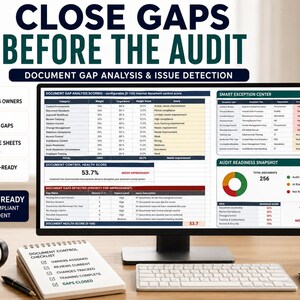 May include: A computer monitor displaying a document gap analysis dashboard with tables, charts, and the text CLOSE GAPS BEFORE THE AUDIT. A notebook with a document control checklist, a black mug, and a white keyboard are on the desk.