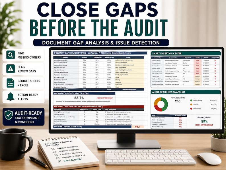 May include: A computer monitor displaying a document gap analysis dashboard with tables, charts, and the text CLOSE GAPS BEFORE THE AUDIT. A notebook with a document control checklist, a black mug, and a white keyboard are on the desk.