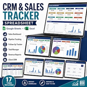 May include: A CRM and sales tracker spreadsheet displayed on a laptop and multiple tablet screens. The interface features a sales dashboard, pipeline tracking, task manager, revenue reports, and client CRM with charts, graphs, and data tables.
