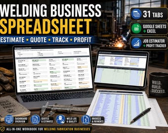 Welding Business Spreadsheet, Google Sheets & Excel, Fabrication Job Estimator, Quote, Invoice, Weld Log and Profit Tracker, 31 Tabs