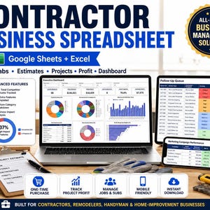 May include: A digital contractor business spreadsheet for Google Sheets and Excel featuring an executive dashboard, project estimate forms, and follow-up queues. The layout includes charts, tables, and performance metrics for managing business operations.