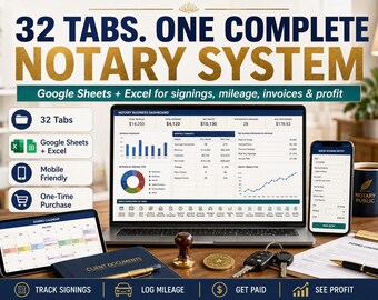 Notary Signing Agent Business Spreadsheet, Google Sheets & Excel, Signing Tracker, Mileage, Income, Expense and Fee Log, 32 Tabs