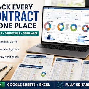 May include: A laptop displaying a contract dashboard with charts and data, accompanied by printed spreadsheet documents, a notebook, and a pen. The text reads: TRACK EVERY CONTRACT IN ONE PLACE, RENEWALS, OBLIGATIONS, COMPLIANCE, GOOGLE SHEETS + EXCEL.
