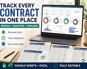 May include: A laptop displaying a contract dashboard with charts and data, accompanied by printed spreadsheet documents, a notebook, and a pen. The text reads: TRACK EVERY CONTRACT IN ONE PLACE, RENEWALS, OBLIGATIONS, COMPLIANCE, GOOGLE SHEETS + EXCEL.