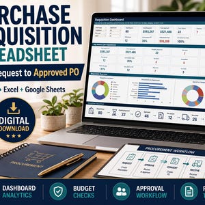 May include: A laptop screen displaying a Purchase Requisition Spreadsheet dashboard with data tables, pie charts, and a procurement workflow. A notebook with a gold pen and a digital download icon are visible alongside the laptop screen.