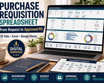 Purchase Requisition Spreadsheet, Google Sheets & Excel, Procurement Approval Workflow, PO, Budget and Vendor Tracker