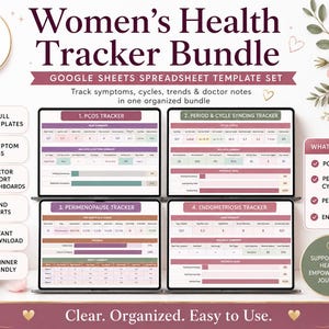 以下が含まれることがあります： Googleスプレッドシート用の健康管理トラッカーバンドル。PCOS、月経周期、閉経周辺期、子宮内膜症を追跡する4つのテンプレートが含まれ、症状ログ、医師向けレポートダッシュボード、トレンドチャートが構成されています。