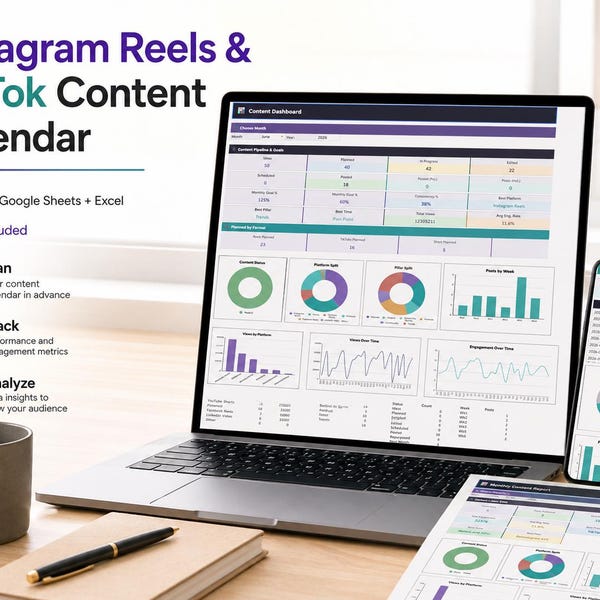 Instagram Reels & TikTok Content Calendar | Short Form Video Planner Spreadsheet | Google Sheets Excel Content Creator Schedule Template