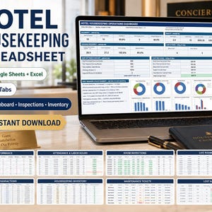 Kalkylblad för hotellstädning, Google Sheets och Excel, städlogg för motellrum, inspektion, personal- och lagerspårning, instrumentpanel, 16 flikar