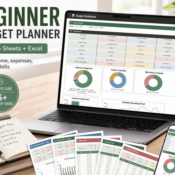 Beginner Budget Google Sheets Excel | Easy Monthly Expense Tracker First Time Finance Planner