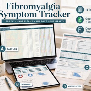 Op de afbeelding: Een digitale Fibromyalgie Symptoom Tracker getoond op een laptop en tablet, met een dagelijks logboek, dashboard en medische rapporten. Het systeem bevat 14 tabbladen en is compatibel met Google Sheets en Excel voor het bijhouden van gezondheidsgegevens.