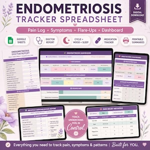 May include: A digital endometriosis tracker spreadsheet featuring a dashboard, doctor report, pain log, and symptom tracker. The interface displays purple and white charts, tables, and progress bars for tracking pain levels, medication, and cycle data.