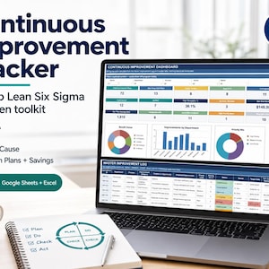 Continuous Improvement Tracker, Lean Six Sigma and Kaizen Toolkit, PDCA A3 Root Cause Template, Google Sheets & Excel Spreadsheet