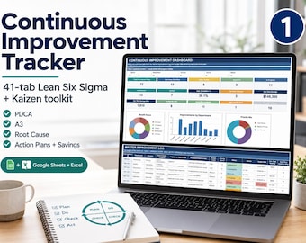 May include: A laptop displaying a Continuous Improvement Tracker dashboard with Lean Six Sigma and Kaizen tools. The screen shows data tables, charts, and a Master Improvement Log. A notebook with a PDCA cycle diagram and a pen sit on the desk.