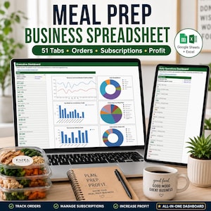 May include: A digital meal prep business spreadsheet displayed on a laptop and tablet screen, featuring 51 tabs for tracking orders, subscriptions, and profit. The screens show charts, graphs, and data tables. Includes a stack of food containers, a notebook, and a mug.