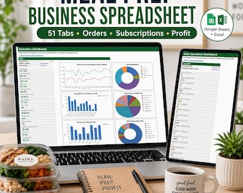 Meal Prep Business Spreadsheet, Google Sheets & Excel, Meal Delivery, Subscription, Order and Profit Tracker, Menu and Recipe Cost, 51 Tabs