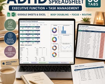 ADHD Planner Spreadsheet, Google Sheets & Excel, Executive Function and Task Management, Body Doubling, Focus and Routine Tracker