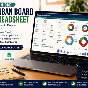 May include: A laptop displaying an all-in-one Kanban board spreadsheet dashboard with charts and task metrics. Beside it sits a spiral notebook with the text Plan, Prioritize, Execute, Deliver and a dark blue mug labeled Focus, Plan, Deliver.